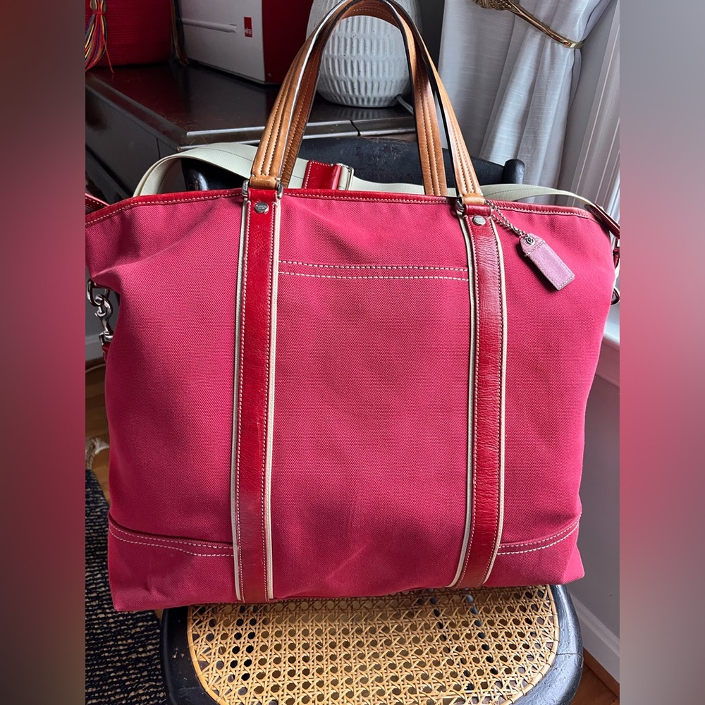 Rare Coach Red Canvas weekend Tote Bag with Tan Straps Leather accents - Picture 4 of 12